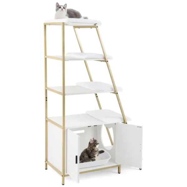 Kattenbakkast met opbergruimte 2 in 1 kattenmeubel 3 planken ladder zij ingang uitneembare pluchen mat hoekplank wit 2