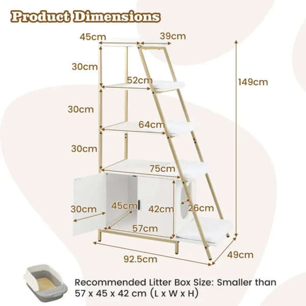 Kattenbakkast met opbergruimte 2 in 1 kattenmeubel 3 planken ladder zij ingang uitneembare pluchen mat hoekplank wit 3
