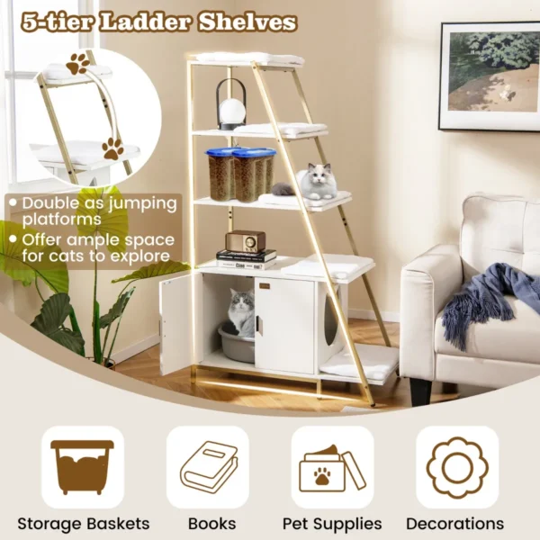 Kattenbakkast met opbergruimte 2 in 1 kattenmeubel 3 planken ladder zij ingang uitneembare pluchen mat hoekplank wit 5