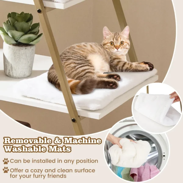 Kattenbakkast met opbergruimte 2 in 1 kattenmeubel 3 planken ladder zij ingang uitneembare pluchen mat hoekplank wit 6