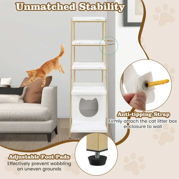 Kattenbakkast met opbergruimte 2 in 1 kattenmeubel 3 planken ladder zij ingang uitneembare pluchen mat hoekplank wit 7