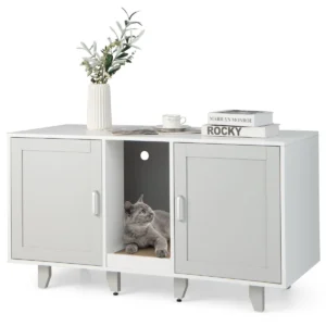 Kattenbakkast verborgen kattentoilet 2 deuren gebogen ingang krabplank verwijderbare houten poten tv kast voor kattenbakvulling grijs 1