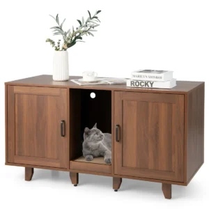 Kattenbakkast verborgen kattentoilet 2 deuren gebogen ingang krabplank verwijderbare houten poten tv kast voor kattenbakvulling koffie 1