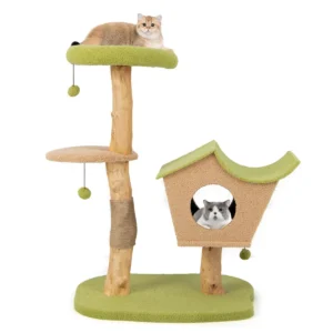 Kattenboom 110 cm met gevoerde kennel kattennis krabpaal springplatform zware voet houten kattentoren met hangende ballen 1