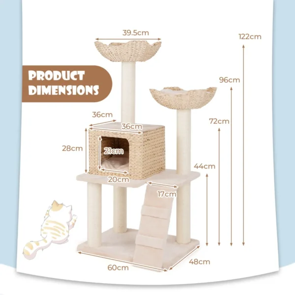 Kattenboom 122 cm kattentoren krabpalen van sisal zitstok condo mand ladder wasbare kussens beige 3