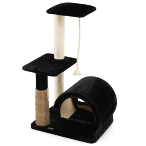 Kattenboom met 3 niveaus/zitstok/springplatform/comfortabele condo/klimrek voor katten binnenshuis/borstel/sisalpaal zwart 1