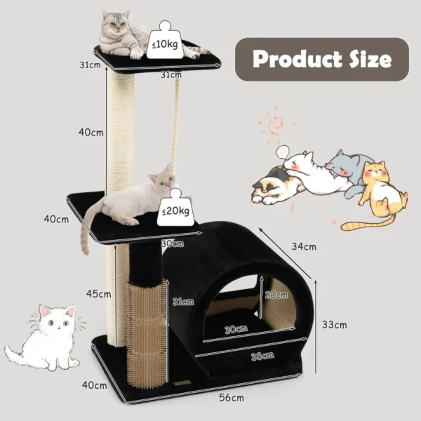 Kattenboom met 3 niveaus/zitstok/springplatform/comfortabele condo/klimrek voor katten binnenshuis/borstel/sisalpaal zwart 3