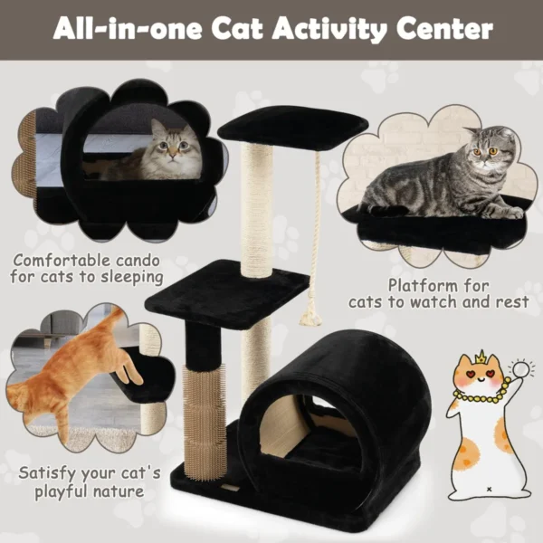 Kattenboom met 3 niveaus/zitstok/springplatform/comfortabele condo/klimrek voor katten binnenshuis/borstel/sisalpaal zwart 7