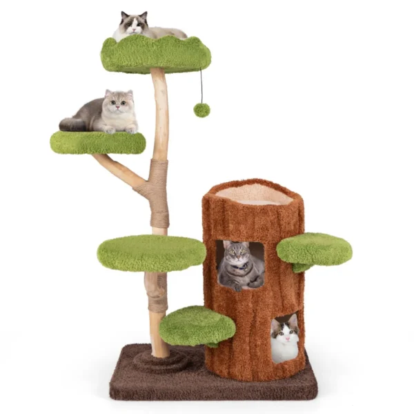 Kattenboom met meerdere niveaus kattentoren met twee niveaus krabpalen van sisal bovenste zitstok ronde platforms hangend speeltje 2