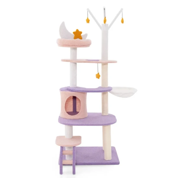 Kattenboom paars 158 cm katten klimrek met meerdere verdiepingen en ladder krabpalen van sisal zachte zitstok hangmat 2