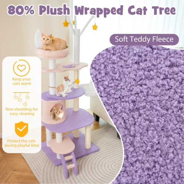 Kattenboom paars 158 cm katten klimrek met meerdere verdiepingen en ladder krabpalen van sisal zachte zitstok hangmat 4