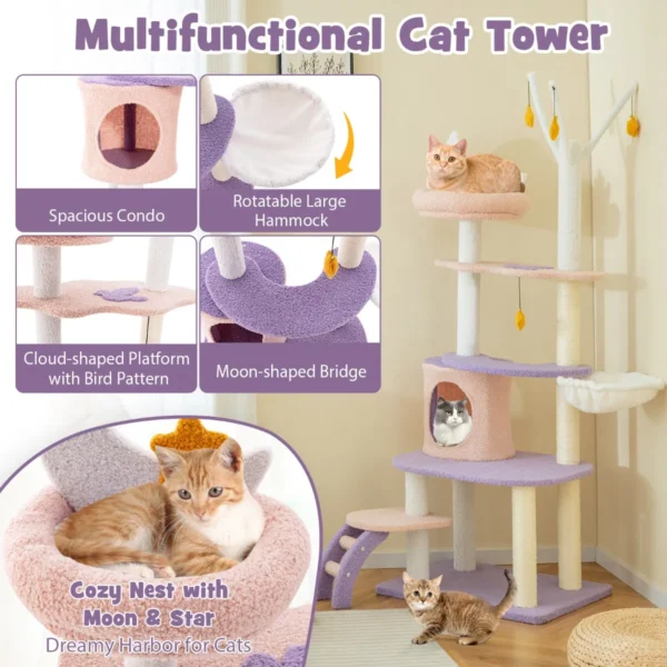 Kattenboom paars 158 cm katten klimrek met meerdere verdiepingen en ladder krabpalen van sisal zachte zitstok hangmat 6