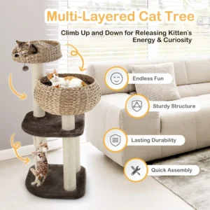 Kattenboom toren binnen katten activiteiten boom met gezellige zitstokken mand bedden bal touw krabpalen 1