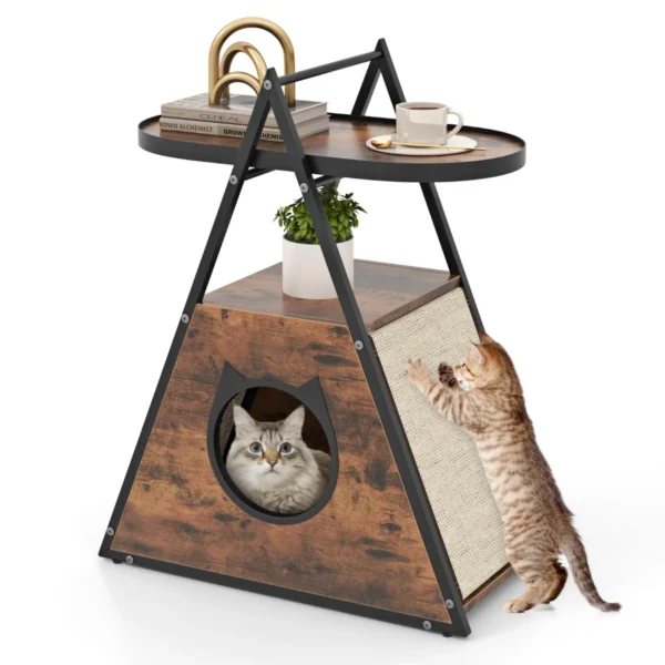 Kattenkast kattenhuis & bijzettafel & nachtkastje kast met kattenmand & 2 krabmatten & 2 planken a frame kattenmeubel voor katten 2