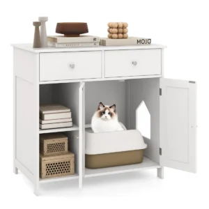 Kattenkast voor kattentoilet kattenbakkast met 2 laden 2 deuren & ingang & open vakken kattenmeubel binnen 80 x 51 x 78 cm wit 1