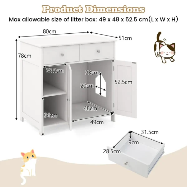 Kattenkast voor kattentoilet kattenbakkast met 2 laden 2 deuren & ingang & open vakken kattenmeubel binnen 80 x 51 x 78 cm wit 3
