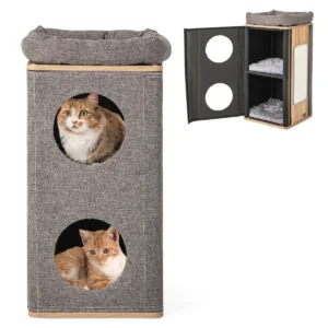 Kattenmand kattenhuis met krabplank en 3 matten speelton voor katten tot 20 kg kattenkrabpaal met holletjes grijs + natuur 1