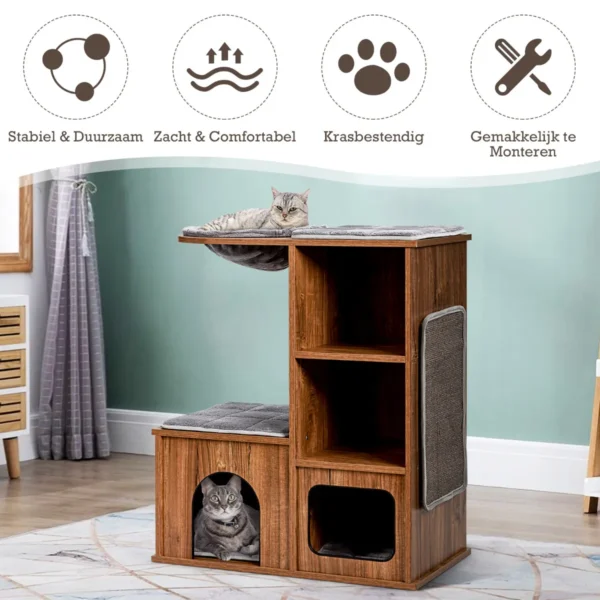 Kattenmeubels met grotmatten kattenspeelhuis houten krabpaal kattenhuis klimboom 69 x 39 x 80,5 cm 3