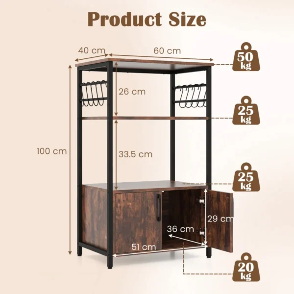 Keukenrek met kast 3 verdiepingen tellend bakkersrek met 2 open planken en 10 haken magnetronrek industrieel met metalen frame 3