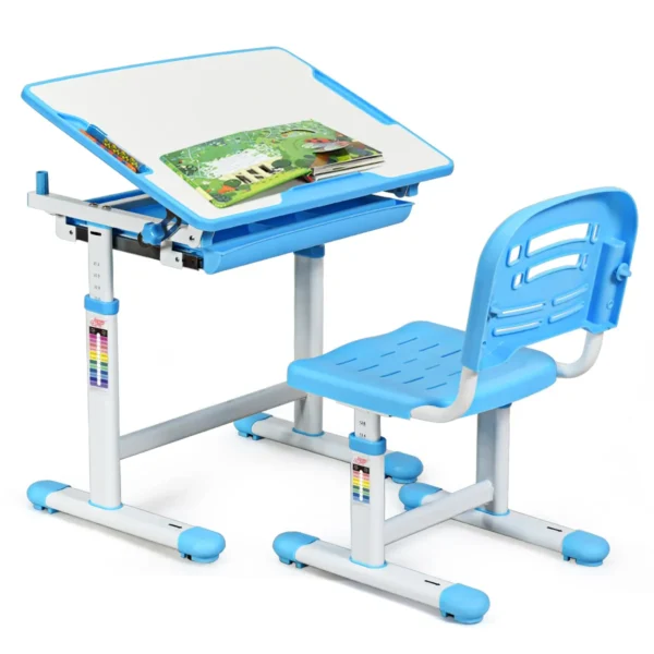 Kinder bureau en stoel set in hoogte verstelbare kinder bureau set met kantelbaar bureaublad school student bureaustoel blauw 1