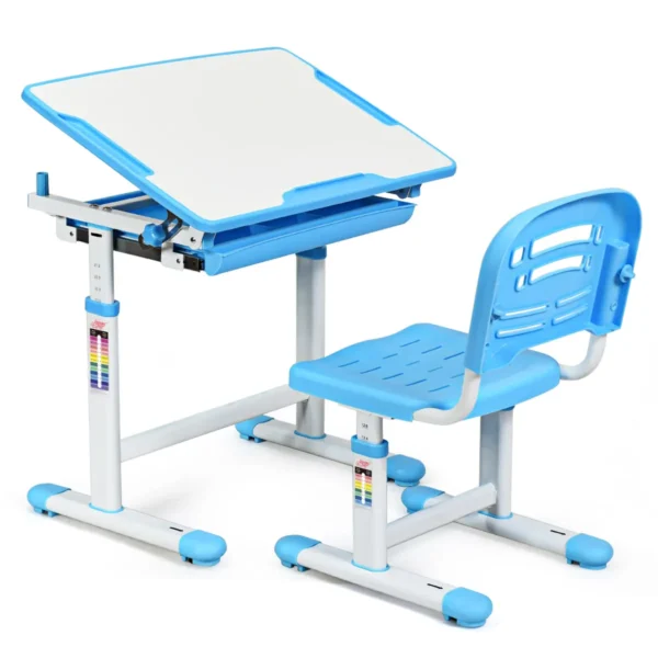 Kinder bureau en stoel set in hoogte verstelbare kinder bureau set met kantelbaar bureaublad school student bureaustoel blauw 3
