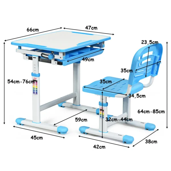 Kinder bureau en stoel set in hoogte verstelbare kinder bureau set met kantelbaar bureaublad school student bureaustoel blauw 5