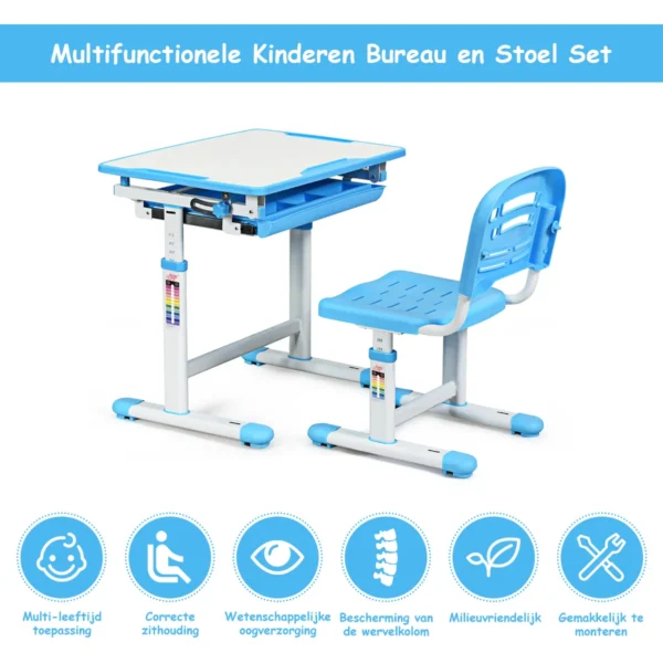 Kinder bureau en stoel set in hoogte verstelbare kinder bureau set met kantelbaar bureaublad school student bureaustoel blauw 6