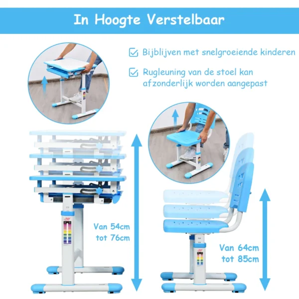 Kinder bureau en stoel set in hoogte verstelbare kinder bureau set met kantelbaar bureaublad school student bureaustoel blauw 7