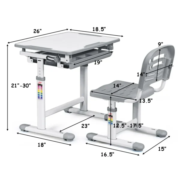 Kinder bureau en stoel set in hoogte verstelbare kinder bureau set met kantelbaar bureaublad school student bureaustoel grijs 4