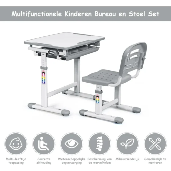 Kinder bureau en stoel set in hoogte verstelbare kinder bureau set met kantelbaar bureaublad school student bureaustoel grijs 5