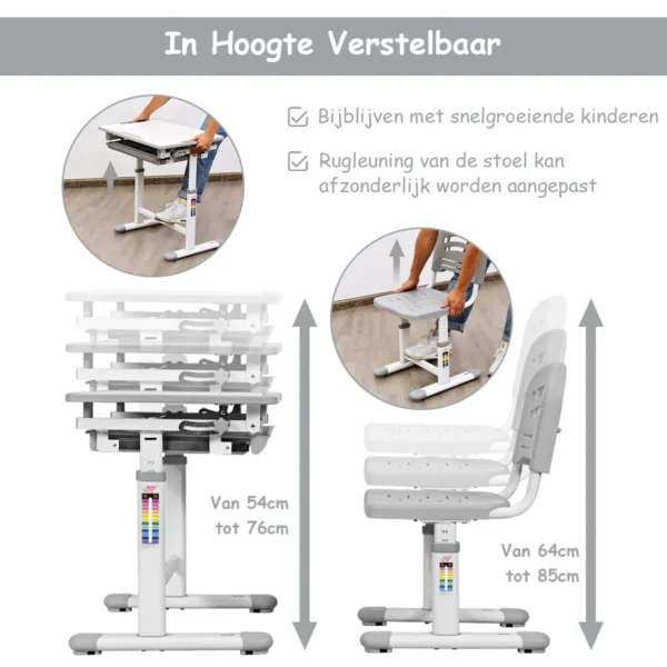 Kinder bureau en stoel set in hoogte verstelbare kinder bureau set met kantelbaar bureaublad school student bureaustoel grijs 6