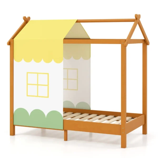 Kinderbed met dak speelhuis platformbed met afneembaar hemelbed & 12 massief houten latten huisbed 152 x 82 x 150 cm 1