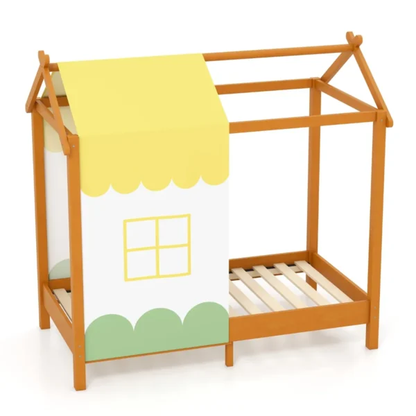 Kinderbed met dak speelhuis platformbed met afneembaar hemelbed & 12 massief houten latten huisbed 152 x 82 x 150 cm 2