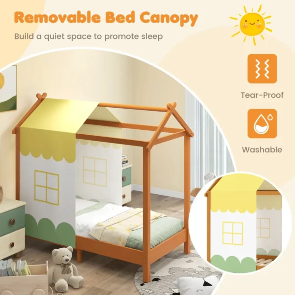 Kinderbed met dak speelhuis platformbed met afneembaar hemelbed & 12 massief houten latten huisbed 152 x 82 x 150 cm 6
