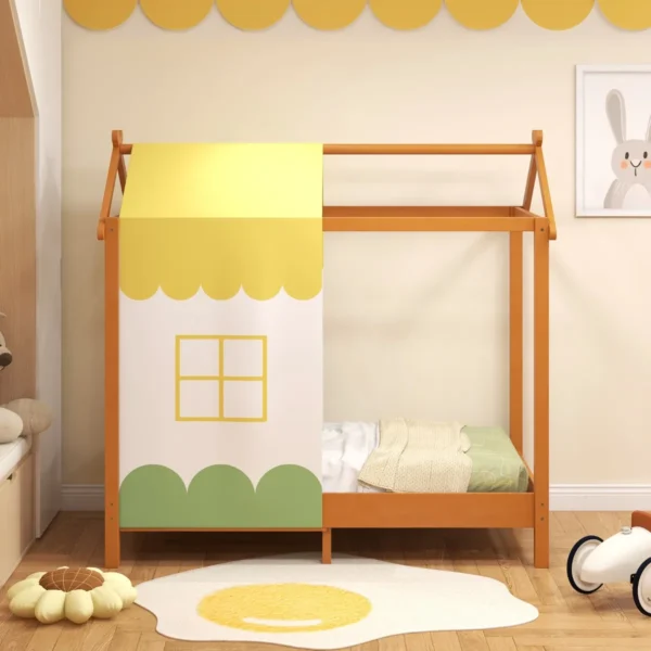 Kinderbed met dak speelhuis platformbed met afneembaar hemelbed & 12 massief houten latten huisbed 152 x 82 x 150 cm 7
