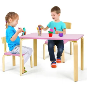 Kinderen houten tafel en 2 stoelen set kinderen bentwood tafel en stoel set voor huizen kinderdagverblijven en klaslokalen roze + natuur 1