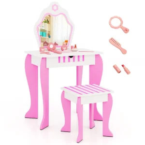Kinderen kaptafel en krukje set princess make up kleed tafel set met spiegel & lade 2 in 1 kleuter kaptafel set schrijftafel roze 1
