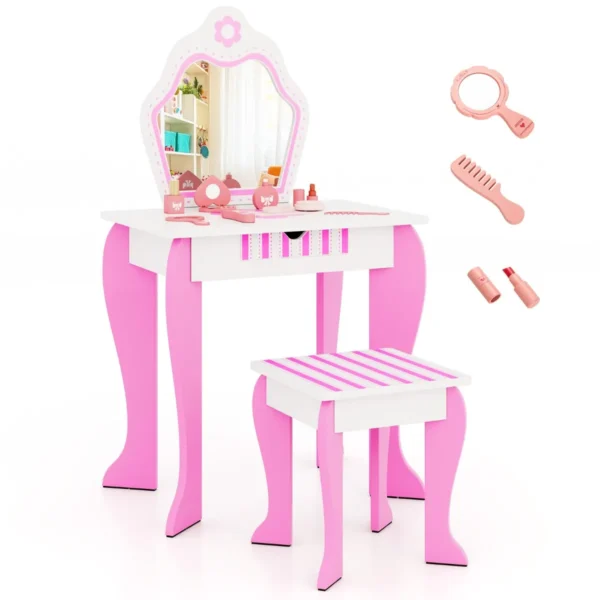 Kinderen kaptafel en krukje set princess make up kleed tafel set met spiegel & lade 2 in 1 kleuter kaptafel set schrijftafel roze 1