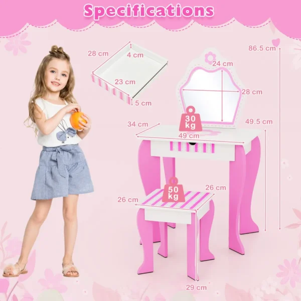 Kinderen kaptafel en krukje set princess make up kleed tafel set met spiegel & lade 2 in 1 kleuter kaptafel set schrijftafel roze 3