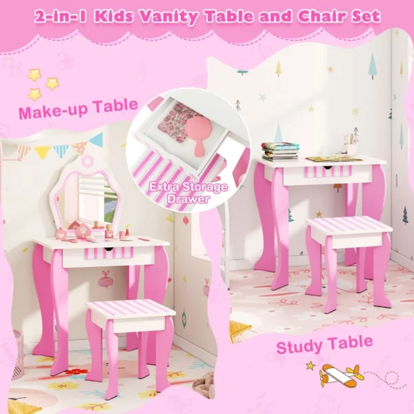 Kinderen kaptafel en krukje set princess make up kleed tafel set met spiegel & lade 2 in 1 kleuter kaptafel set schrijftafel roze 4
