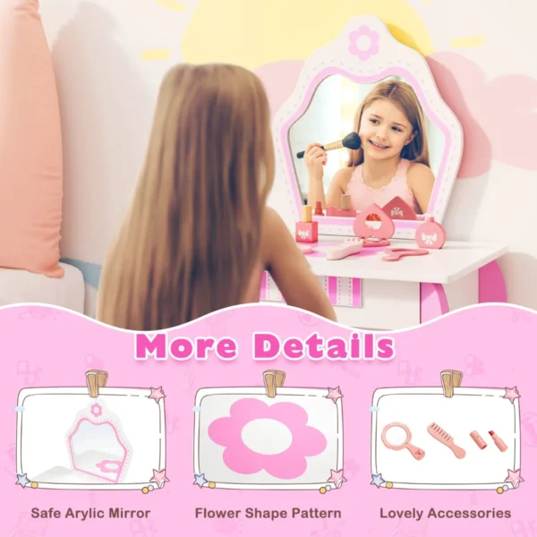 Kinderen kaptafel en krukje set princess make up kleed tafel set met spiegel & lade 2 in 1 kleuter kaptafel set schrijftafel roze 5