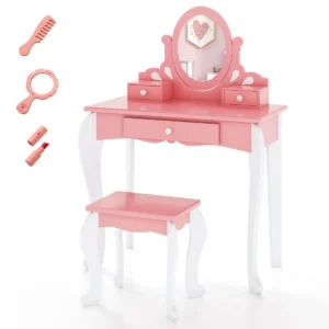 Kinderen kaptafel & kruk set houten kleine prinses make up kaptafel met 360 ° draaibare spiegel & 3 laden schrijftafel roze 1