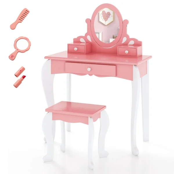 Kinderen kaptafel & kruk set houten kleine prinses make up kaptafel met 360 ° draaibare spiegel & 3 laden schrijftafel roze 1