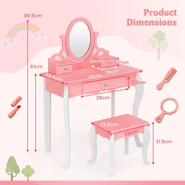 Kinderen kaptafel & kruk set houten kleine prinses make up kaptafel met 360 ° draaibare spiegel & 3 laden schrijftafel roze 2