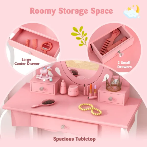 Kinderen kaptafel & kruk set houten kleine prinses make up kaptafel met 360 ° draaibare spiegel & 3 laden schrijftafel roze 4