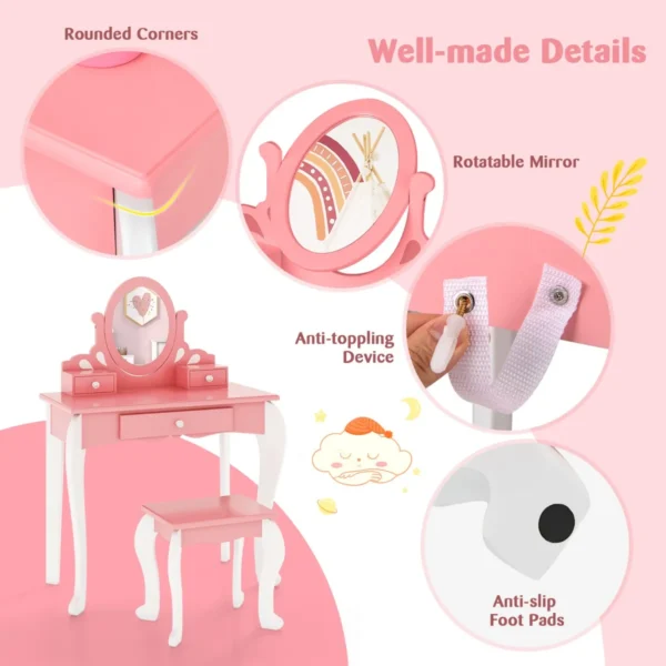 Kinderen kaptafel & kruk set houten kleine prinses make up kaptafel met 360 ° draaibare spiegel & 3 laden schrijftafel roze 5