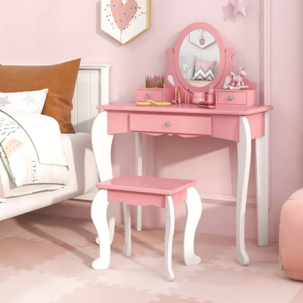 Kinderen kaptafel & kruk set houten kleine prinses make up kaptafel met 360 ° draaibare spiegel & 3 laden schrijftafel roze 6
