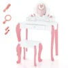 Kinderen kaptafel & kruk set houten kleine prinses make up kaptafel met 360 ° draaibare spiegel & 3 laden schrijftafel wit + roze 1