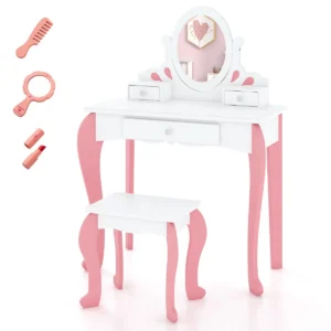 Kinderen kaptafel & kruk set houten kleine prinses make up kaptafel met 360 ° draaibare spiegel & 3 laden schrijftafel wit + roze 1