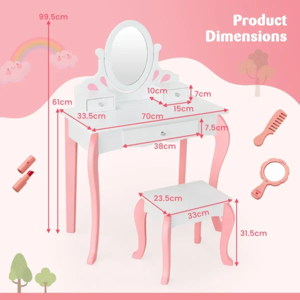 Kinderen kaptafel & kruk set houten kleine prinses make up kaptafel met 360 ° draaibare spiegel & 3 laden schrijftafel wit + roze 2